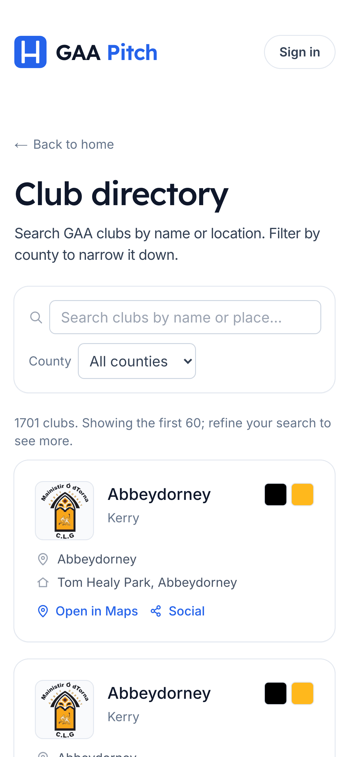 The GAA Pitch club directory, with a search box, a county filter, and club cards showing each club's crest, county, and colours.