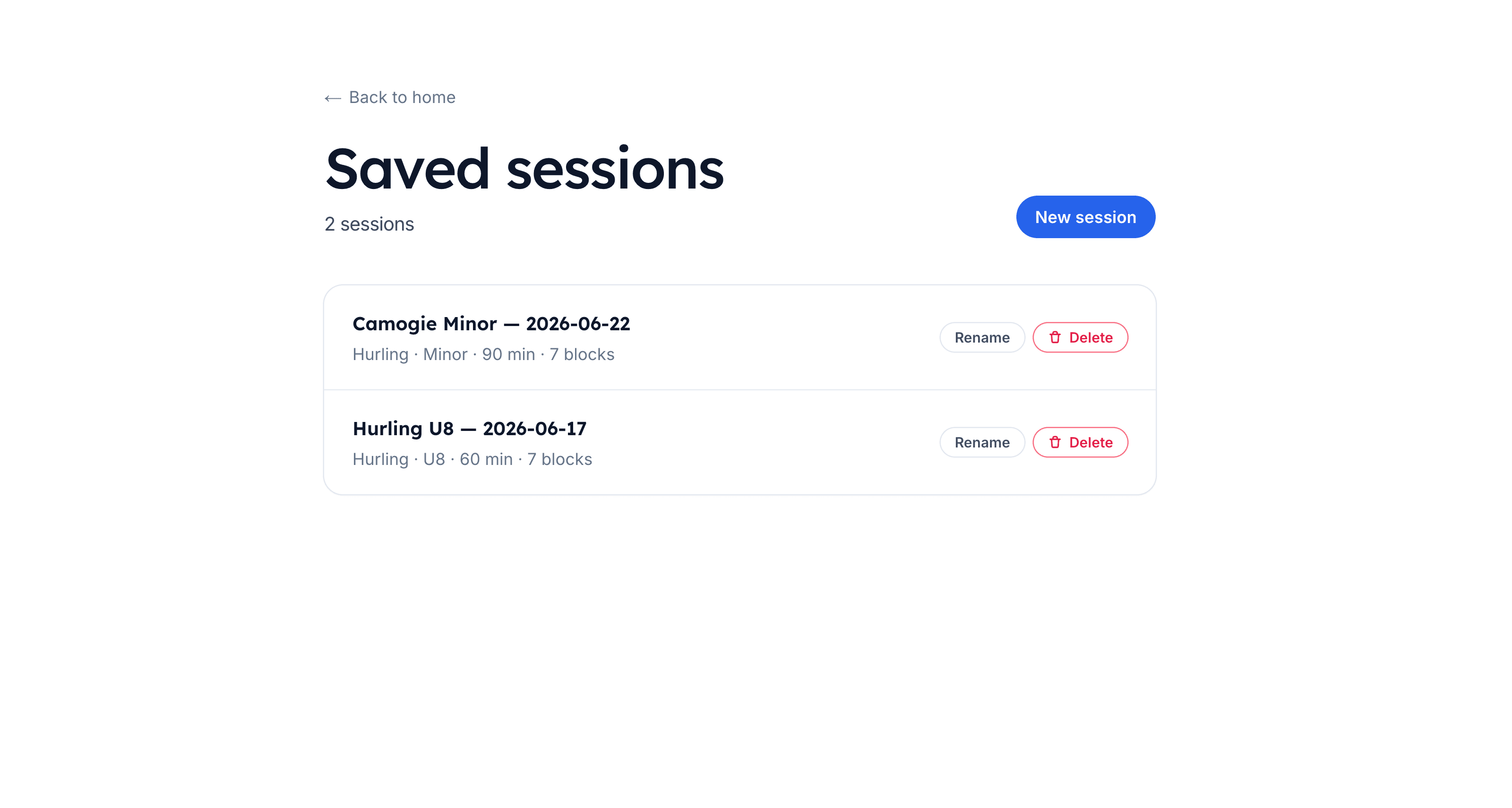 Saved sessions list with a New session button
