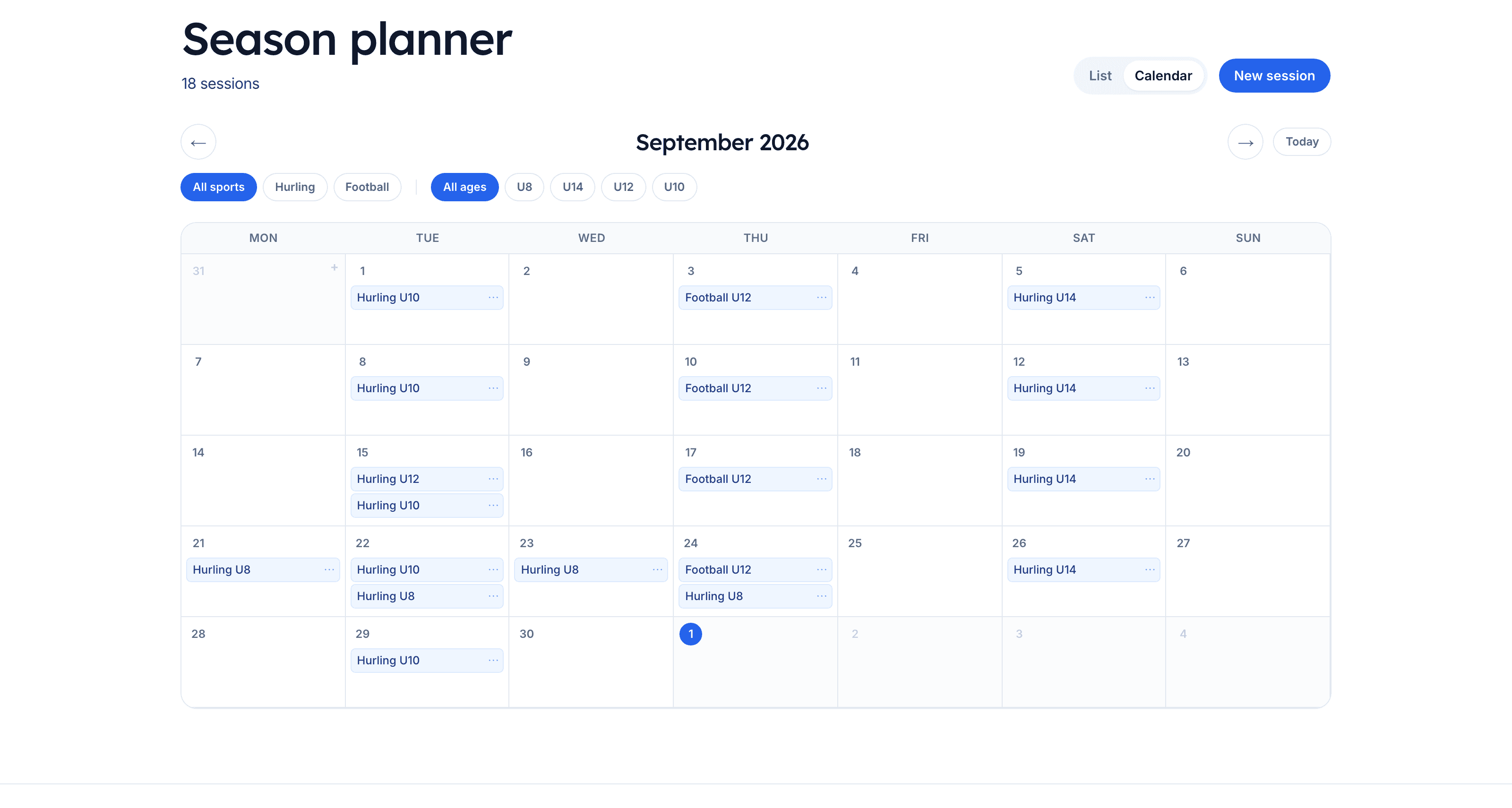 Season planner calendar with a month of training sessions