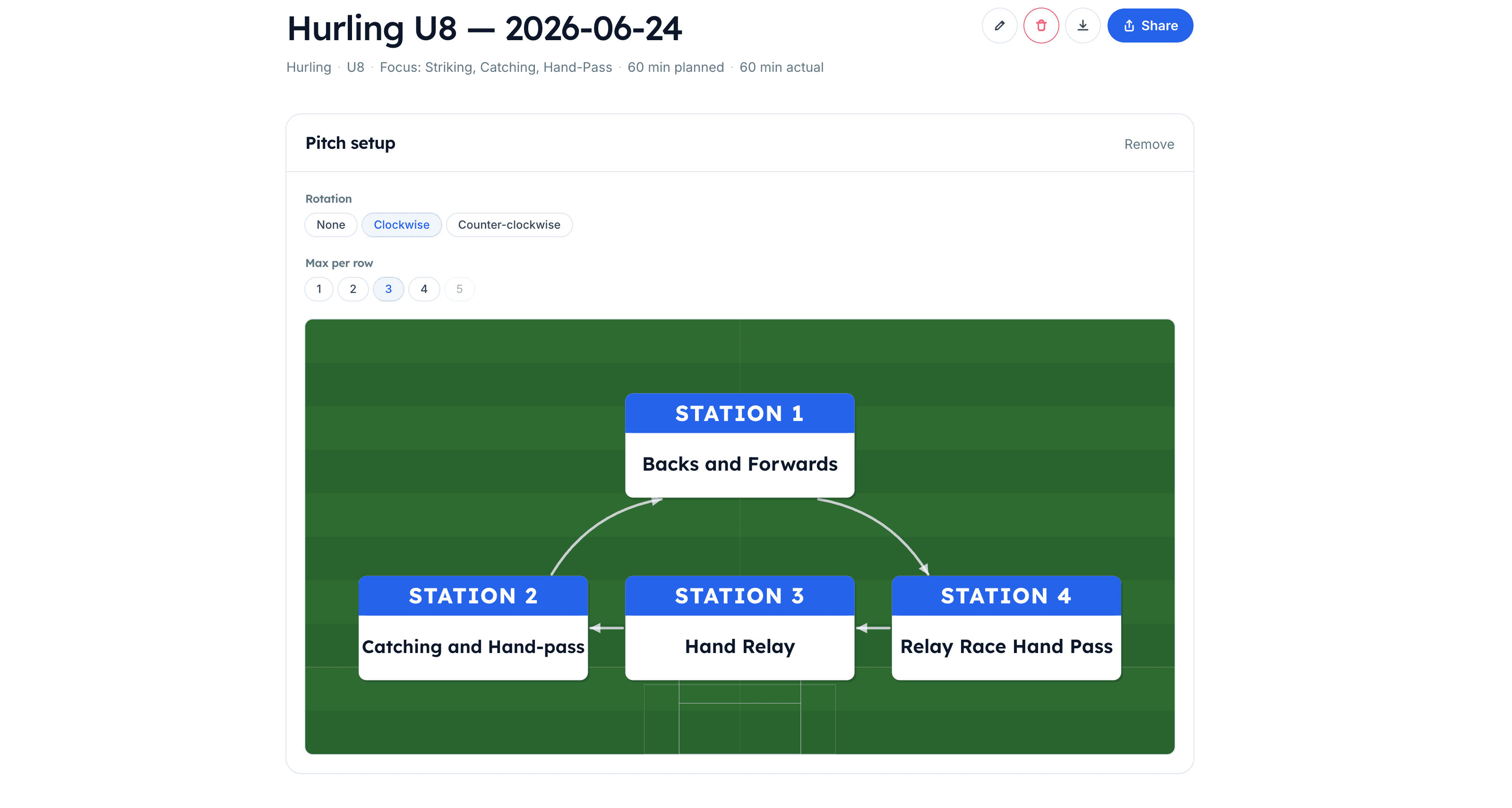 Generated session with a pitch layout and a share button