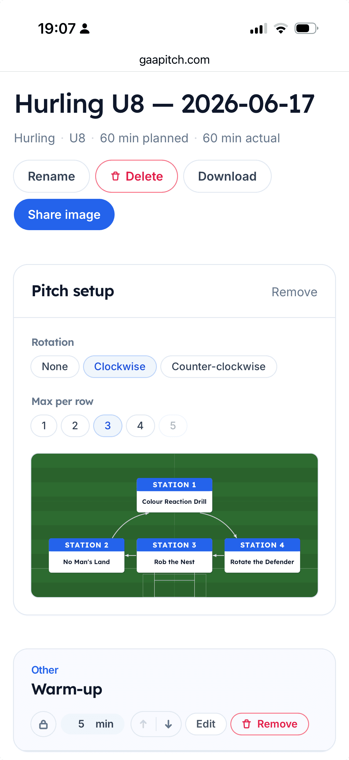 A saved GAA Pitch session in the editor, showing the header actions, the pitch setup section with rotation and max-per-row controls, and a pitch diagram of numbered stations.