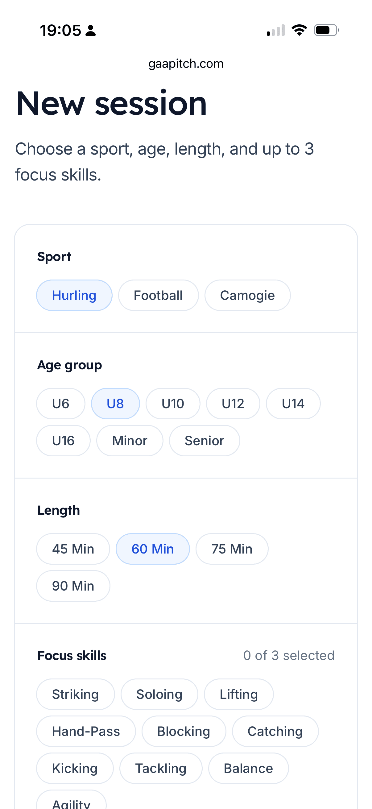 Session builder screen